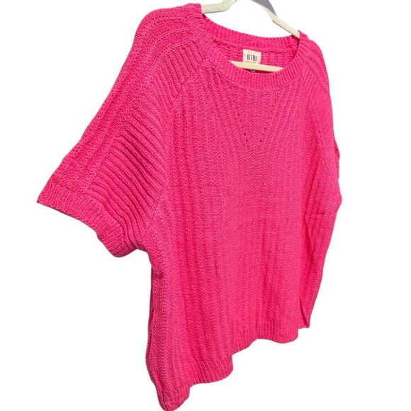 BiBi Fuchsia Pink Texture Round Neck Short Sleeve Knit Top NWT - Picture 4 of 7
